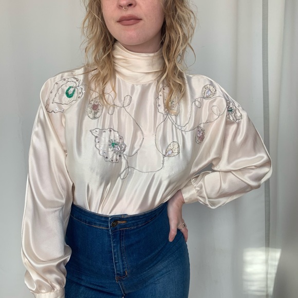 Silky Beaded and Embroidered Long Sleeve Blouse - Picture 2 of 3